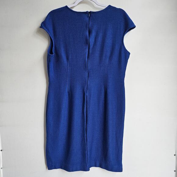 St. John Royal Blue Sheath Dress Size 14 Wool Blend Faux Wrap Cap Sleeves Mature - Picture 2 of 8